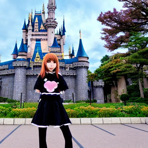 Image similar to menhera - chan, anime girl with long brown hair and black hoodie, posting in front of the wdw castle, kyoani, kyoto animation, key visual