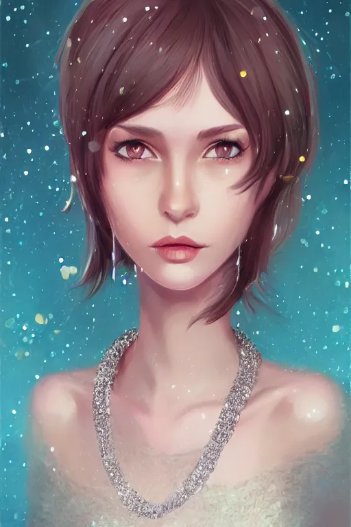 Image similar to a woman in a sequin dress, beautiful crystal necklace, long silver hair, digital art, airbrush, by ilya kuvshinov, krenz cushart, trending on artstation,