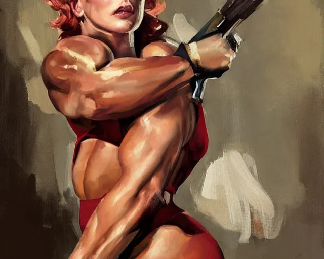 Prompt: greg manchess portrait painting of milla jovovich as beautiful thick female bodybuilder champion zarya from overwatch, medium shot, asymmetrical, profile picture, organic painting, sunny day, matte painting, bold shapes, hard edges, street art, trending on artstation, by huang guangjian and gil elvgren and sachin teng