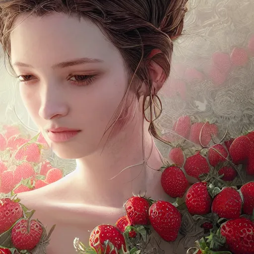 Image similar to the portrait of an absurdly beautiful, graceful, elegant, sophisticated, fashionable young woman made of strawberries and white petals looking down, an ultrafine hyperdetailed illustration by kim jung gi, irakli nadar, intricate linework, bright colors, octopath traveler, final fantasy, unreal engine 5 highly rendered, global illumination, radiant light, detailed and intricate environment