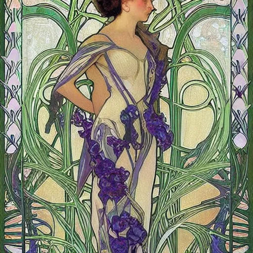 Prompt: a seamless pattern, a pattern of irises and calla lilies, repeating art, symmetry, aligned edges, art by alphonse mucha, art by sherree valentine daines