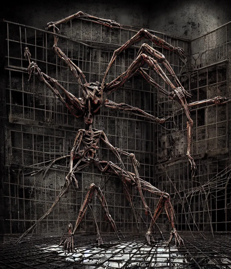 Image similar to Creepy huge suffering humanoid with long limbs sits on the floor and looks at the little old TV. An underground very dark gloomy multi-layered structure of rusty thick iron grates, dense chain-link fencing and peeling walls. Inside view, collapsed floors, bent rusted iron, masterpiece, black background, corners, cinematic, hyperdetailed, photorealistic, hyperrealism, octane render, 8k, depth of field, bokeh, architecture, shadows, art by Zdzisław Beksiński, Dariusz Zawadzki