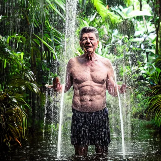 Prompt: 4 k hdr full body wide angle portrait of ronald reagan showering in a tropical bali jungle shower with moody overcast stormy lighting