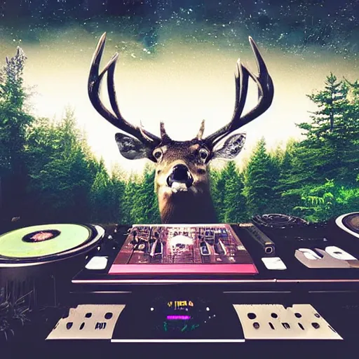 Image similar to “a crowded chukcha rave detailed photo with a deer playing tracks on the turntables in tundra, matte painting”