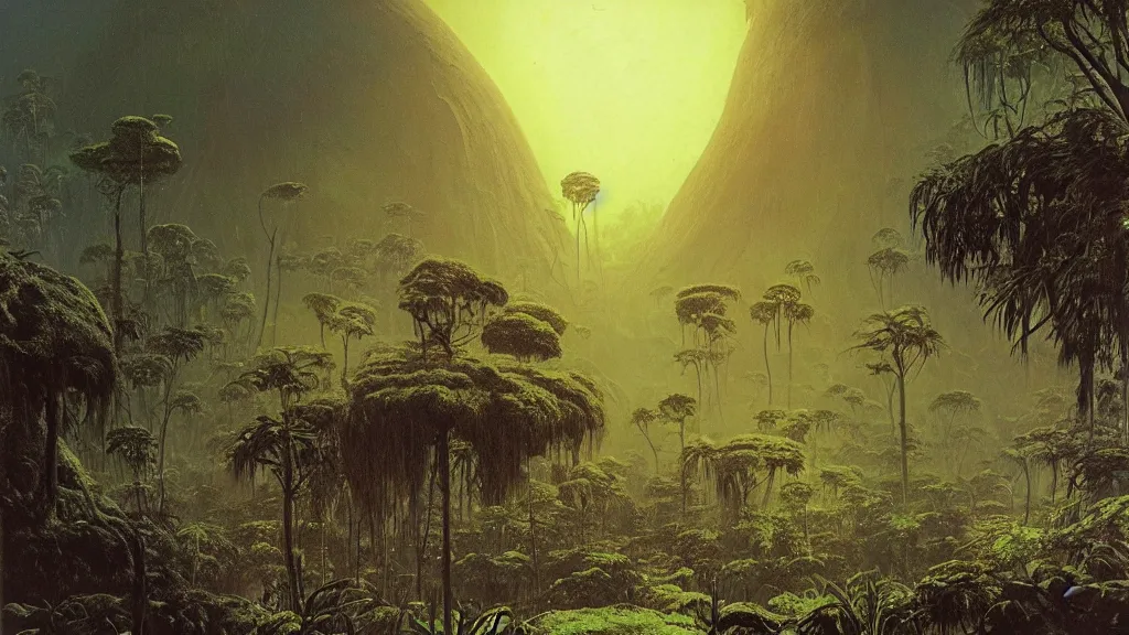 Image similar to otherworldly atmosphere of an alien jungle planet by arthur haas and bruce pennington and john schoenherr, cinematic matte painting
