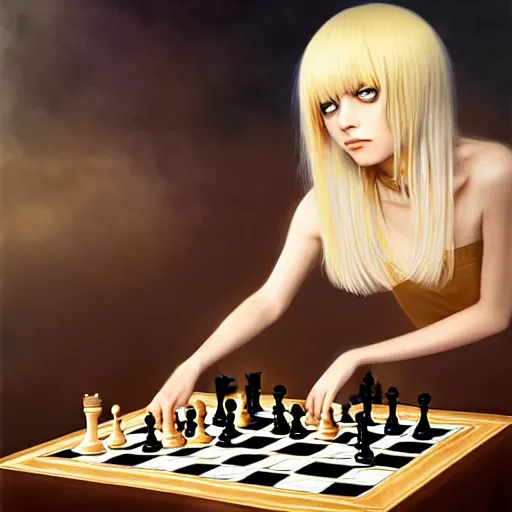 Image similar to rimuru tempest elegantly playing chess, with amber eyes of golden colored eyes, straight hair, sky blue hair, long bangs, high collar, concept art, award winning photography, digital painting, cinematic, wlop, 8 k, by ross tran, tom bagshaw, andy warhol