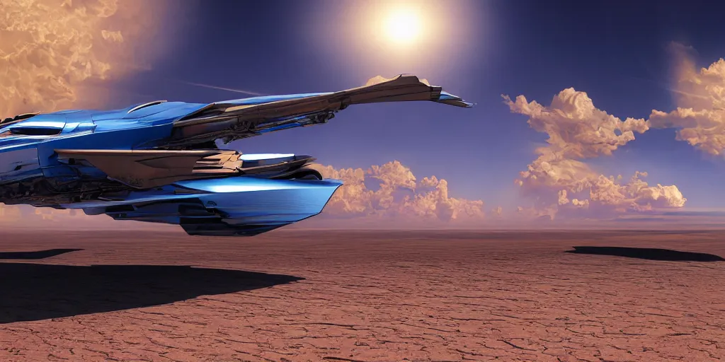 Prompt: a photorealistic detailed blue spaceship!!! highly detailed with ethereal light in the sahara desert, photorealistic, octane render, 4k, specular light, shallow depth of field, concept art, artstation, highly detailed, art by canaletto, hajime sorayama, john salminen, ivan shishkin, kim keever, pierre pellegrini and ash thorp