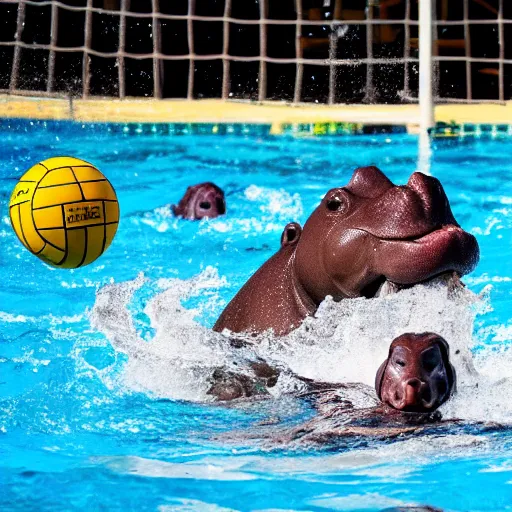 Prompt: hippopotamuses playing water polo against people. water polo photograph.