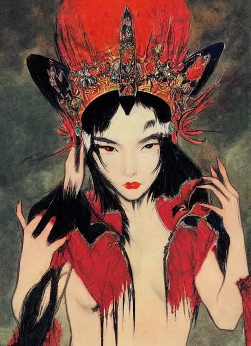 Image similar to svelt female korean vampiress, jeweled headdress, heavy mascara, strong line, saturated color, beautiful! coherent! by frank frazetta, high contrast, minimalism