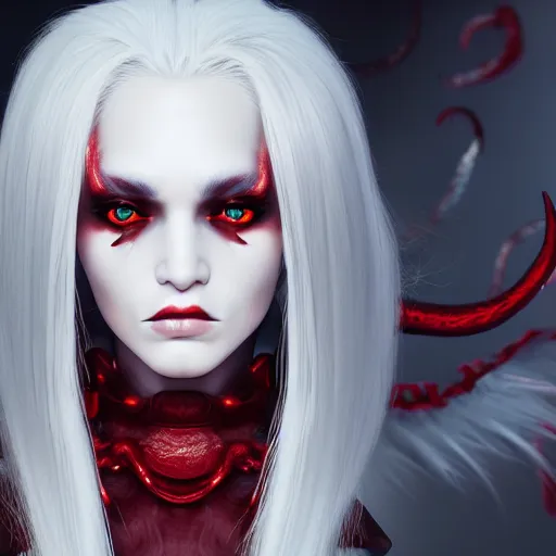 Image similar to a highly detailed portrait of a humanoid demon girl with white hair, red horns, in white clothes, artstation, deviantart, professional, unreal engine 5, photorealistic