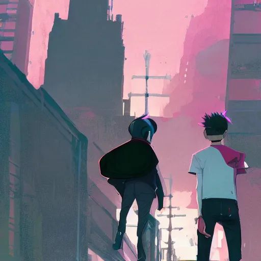 Image similar to damian wayne with pink haired boyfriend, city landscape, Gotham, artstation, highly detailed, by makoto shinkai and thomas kindle and James gilleard