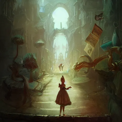 Prompt: portrait of alice in wonderland, dramatic lighting, city background, chiaroscuro, high detail, painted by greg rutkowski, painted by igor kieryluk, painted by bobby chiu, trending on artstation