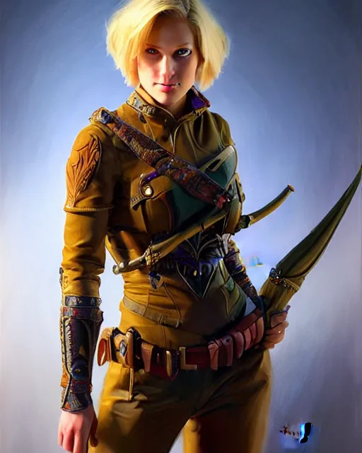 Image similar to full body character art of beautiful female huntress, pretty face, symmetrical features, short blonde hair, by james gurney, volumetric lighting, detailed, oil painting