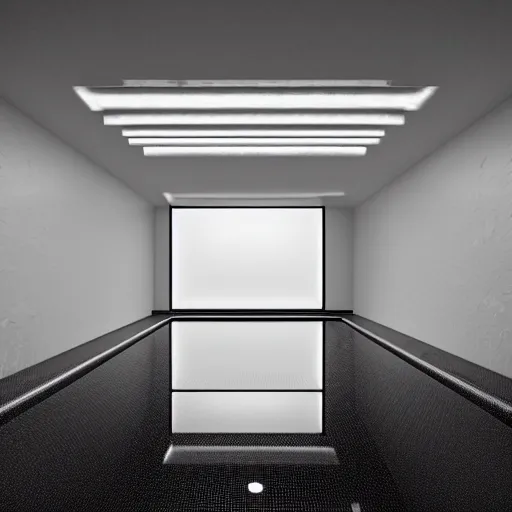 Image similar to an underground pool in an all white room with a low rounded textured ceiling, surreal, liminal, dreamlike, photo, dark, dim lighting