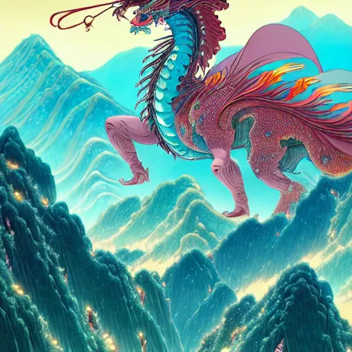 Prompt: a beautiful hyperdetailed character design 4 k wallpaper illustration of cyan dragon and red phoenix victo ngai the classic of mountains and rivers, from china, style of studio ghibli, makoto shinkai, raphael lacoste, louis comfort tiffany, artgerm, james jean, ross tran, chinese style