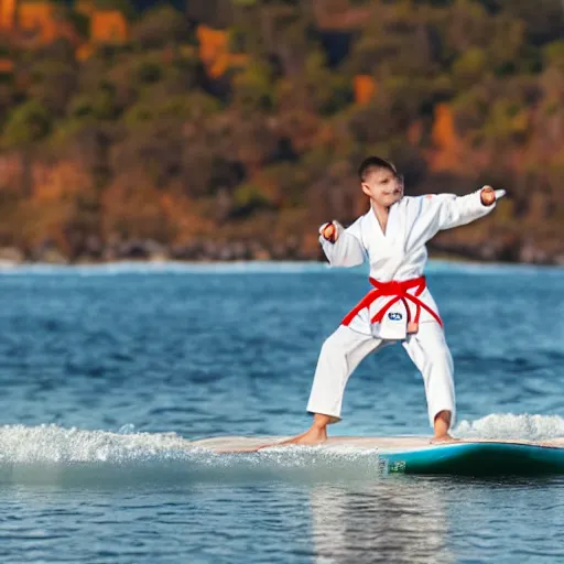 Image similar to a karate person in a karate outfit surfing on waves made of pumpkin soup