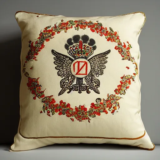 Image similar to the most amazing Imperial Russian pillow every made, product shot, intricate, fine detail, full Marxist print