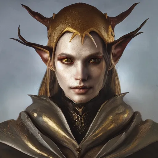 Image similar to portrait painting of an elf like humanoid with grey skin and sharp dogtooth, dark fantasy, medieval, painted, intricate, volumetric lighting, rich deep colours masterpiece, golden hour, sharp focus, ultra detailed, by ruan jia