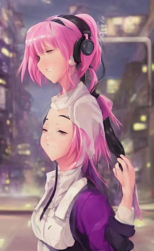 Image similar to anime girl with pink ponytail, wearing purple headphones, wearing a green sweater, with a smile on her face and her eyes closed, walking down a street, dynamic lighting, photorealistic fantasy concept art, trending on art station, stunning visuals, creative, cinematic, ultra detailed