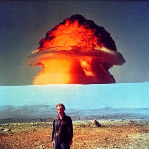 Image similar to last human selfie,horror , nuclear explosion in background