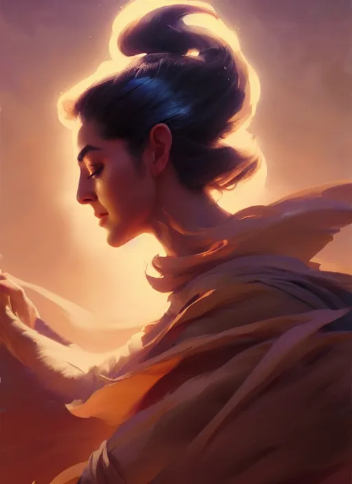 Image similar to side portrait, maya ali, wind sorcerer, gloomhaven, organic painting, hard edges, luminescent, octane render, by greg manchess, huang guangjian, gil elvgren, sachin teng, greg rutkowski, jesper ejsing, rhads, ilya kuvshinov, cushart krenz