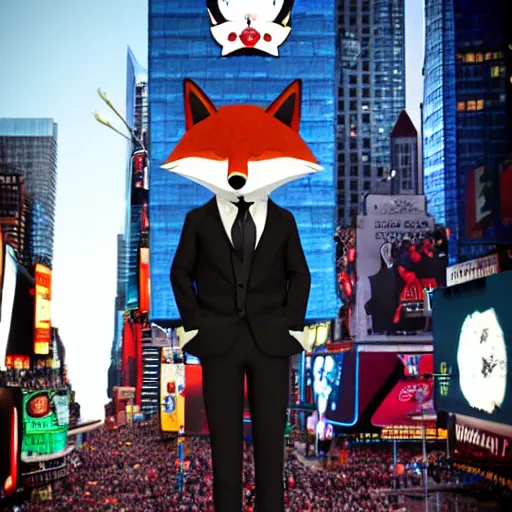 Image similar to anthropomorphic furry fox wearing a tuxedo stands on the times square ,detailed, environment, building, cinematic lights, Artstation