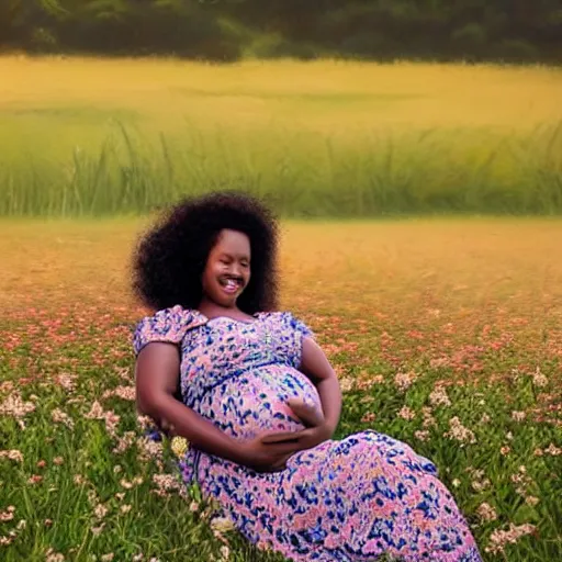 Prompt: pregnant east african woman with curly hair in a vast field of flowers, laying down, looking into the distance, with a tiny black puppy running around the field, golden hour, vintage, impressionist painting, fine art, oil painting, dreamy, pastel, laughing, happy, intricate details, sharp, peaceful, serene