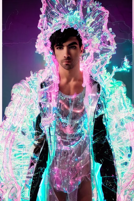 Image similar to full-body rococo and cyberpunk delicate crystalline sculpture of a muscular iridescent Joe Jonas as a humanoid deity wearing a thin see-through plastic hooded cloak sim roupa, posing like a superhero, glowing pink face, crown of white lasers, large diamonds, swirling black silk fabric. futuristic elements. oozing glowing liquid, full-length view. space robots. human skulls. throne made of bones, intricate artwork by caravaggio. Trending on artstation, octane render, cinematic lighting from the right, hyper realism, octane render, 8k, depth of field, 3D