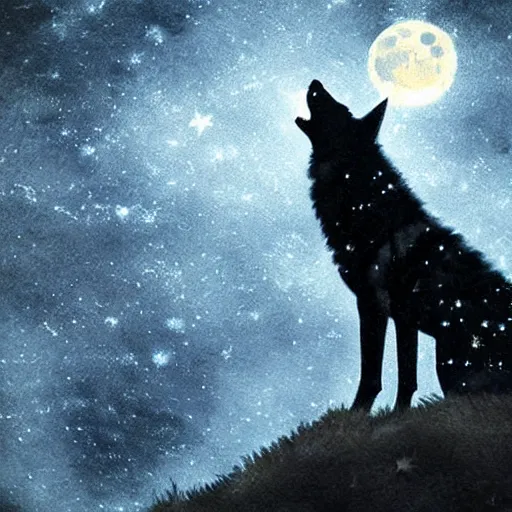 Prompt: black wolf portrait, night, sky full of stars and a full moon, dramatic black smoke everywhere, high detail, photorealistic, movie still, in the style of ben jeffery