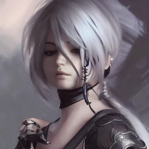 Image similar to closeup of 2B from NieR Automata, D&D, fantasy, intricate, elegant, highly detailed, digital painting, artstation, concept art, matte, sharp focus, illustration, hearthstone, art by Artgerm and Greg Rutkowski and Alphonse Mucha