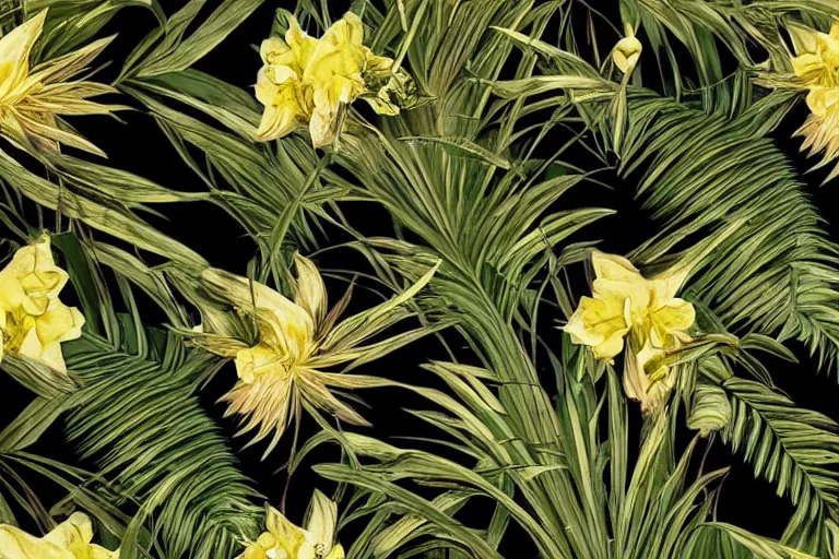 Prompt: photorealistic print of exotic, elegant tropical prints, isolated in a black background : : green surreal plants, golden flowers, art nouveau, trending on artstation