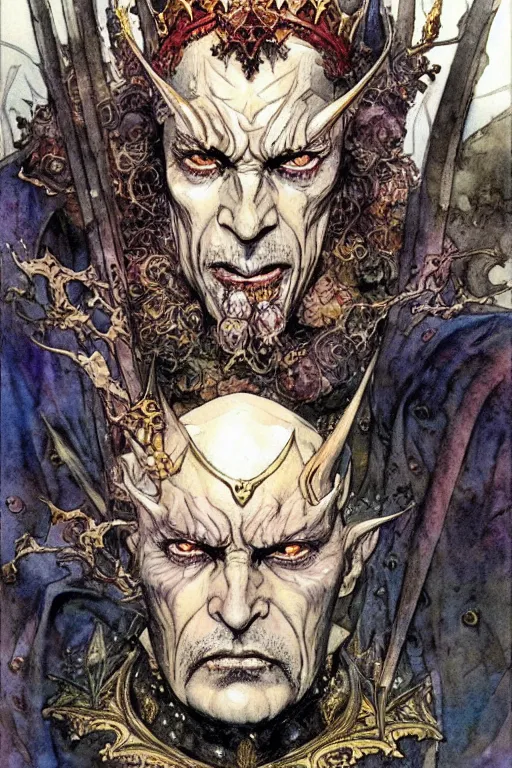 Image similar to a realistic and atmospheric watercolour fantasy character concept art portrait of an evil king with a black crown looking at the camera with an intense gaze by rebecca guay, michael kaluta, charles vess and jean moebius giraud