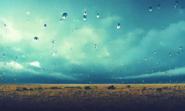 Image similar to panorama of big raindrops flying upwards into the perfect cloudless blue sky from a dried up river in a desolate land, dead trees, blue sky, hot and sunny highly-detailed, elegant, dramatic lighting, artstation, 4k, cinematic landscape, photograph by National Geographic