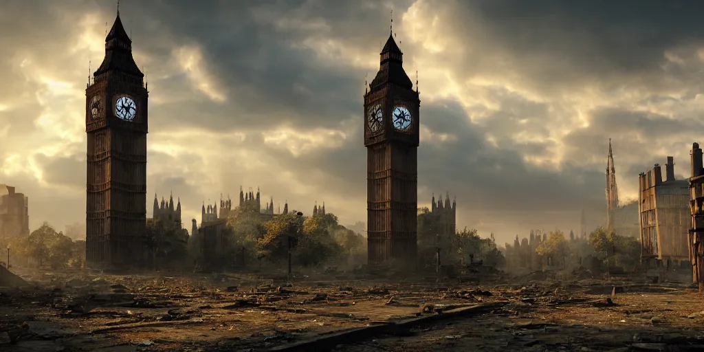 Prompt: a destroyed clock tower in a destroyed London at sunrise, ruins, clouds in the sky, concept art, octane render, unreal engine 5, trending on Artstation, high quality, 8K, soft lighting, highly detailed, trending on DeviantArt, mossy, apocaliptic, serene landscape, beautiful, cgsociety