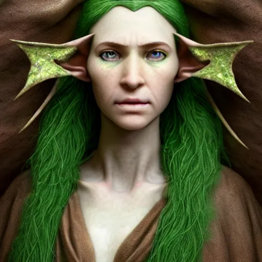 Image similar to hyperrealistic mixed media portrait of an female elf with messy brown hair and a green cloak, stunning 3d render inspired art by Lars Grant-West + perfect facial symmetry + dim volumetric lighting, ornate flowing robes, 8k octane beautifully detailed render, post-processing, extremely hyperdetailed, intricate, epic composition, grim yet sparkling atmosphere, cinematic lighting + masterpiece, trending on artstation, Art Nouveau