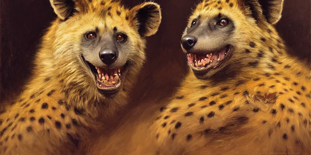 Image similar to a portrait of a hyenaman smiling looking at the viewer. highly detailed painting by gaston bussiere, craig mullins, j. c. leyendecker 8 k