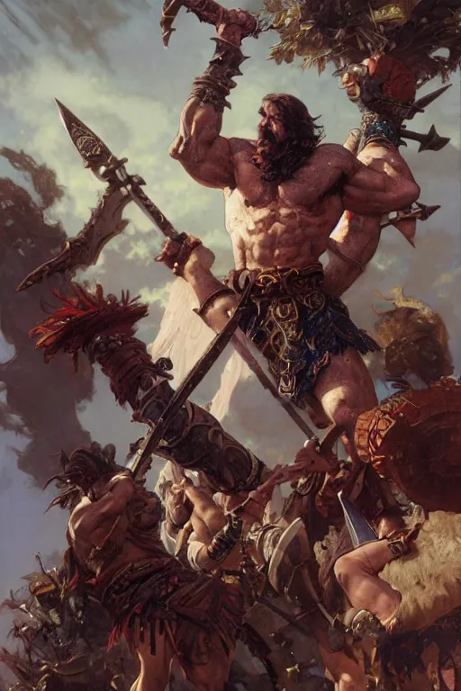 Prompt: muscular male barbarian stabbing the sky, intricate details, large sword, by Stanley Artgerm Lau, by greg rutkowski, by thomas kindkade, by alphonse mucha, loish, by norman rockwell J.