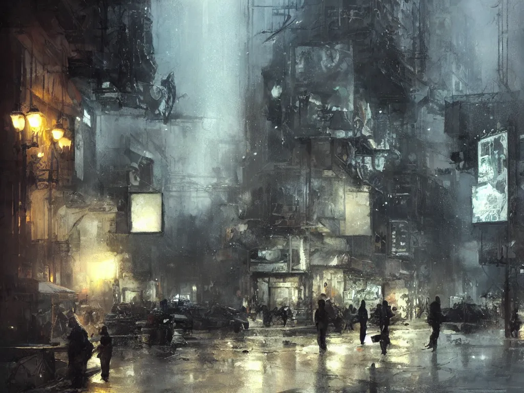 Image similar to detailed street scene, volumetric lighting, painting by jeremy mann