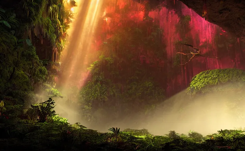 Image similar to a beautiful render of a dark prehistoric rainforest in a humongous cave, lush flora, patches of yellowish - red - magenta sky, sunset lighting, fireflies, floating mountains and a waterfall in the background, intricate detail, hazy, humid, volumetric lighting, god rays, 8 k, photorealistic, raytracing effects, unreal engine 5