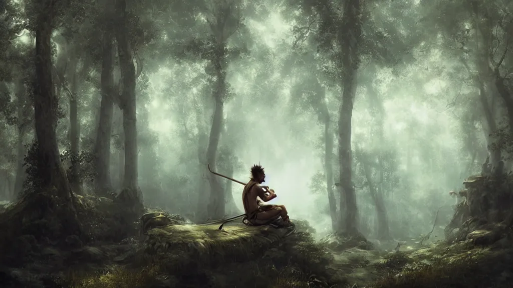 Prompt: sun wukong sitting alone in the melancholy forest. andreas achenbach, artgerm, mikko lagerstedt, zack snyder, tokujin yoshioka