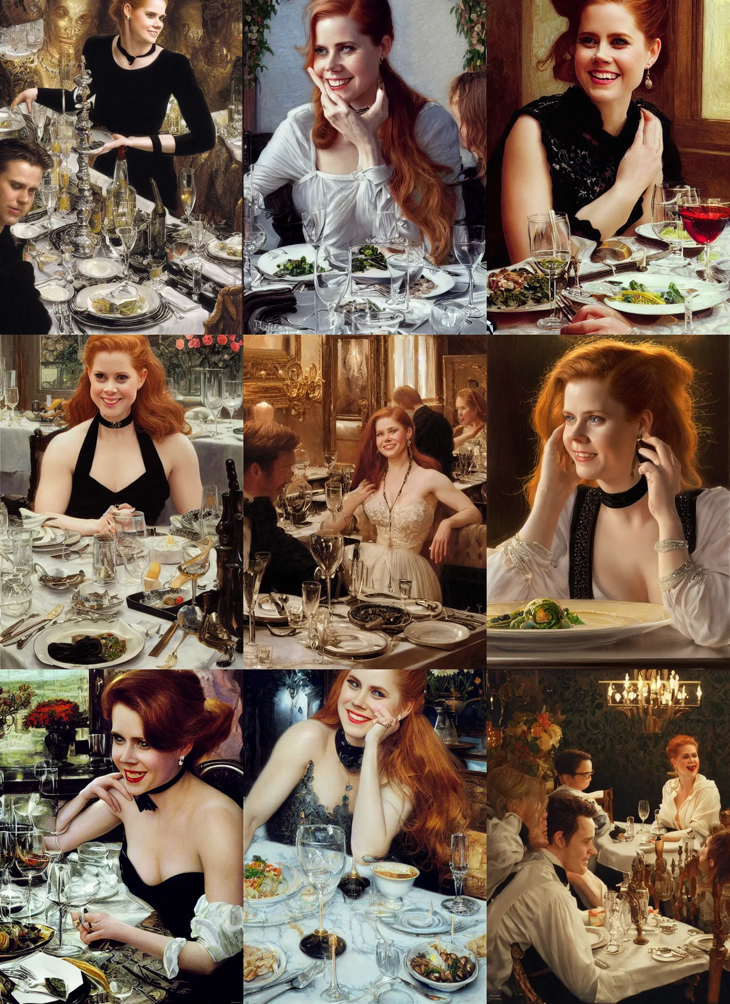 Prompt: dinner with amy adams smiling sitting across the camera wearing a black choker staring into the camera in an expensive private restaurant, 1 9 9 0, intricate, elegant, tasteful, highly detailed, shallow depth of field, artgerm, donato giancola, joseph christian leyendecker