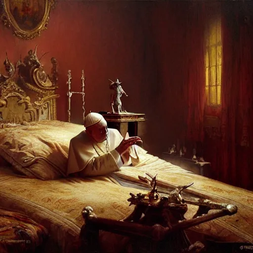 Image similar to the pope is in his bedroom, terrified because demons are attacking him. highly detailed painting by gaston bussiere, greg rutkowski, craig mullins 8 k