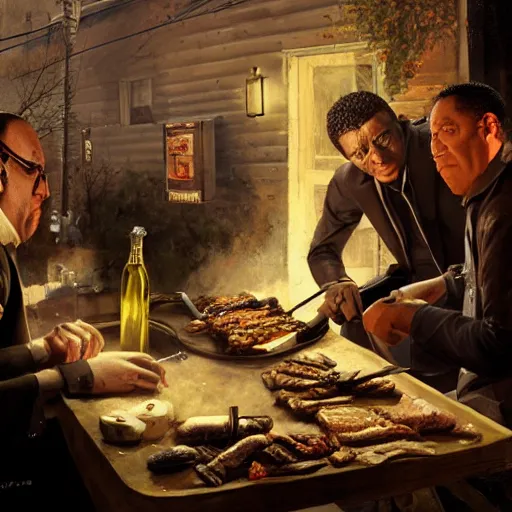 Prompt: Tony Soprano and Gustavo Fring in night at the yard speaking while grilling kebabs and one guy playing guitar, oil painting by Cedric Peyravernay, highly detailed, cinematic concept art, dramatic lighting