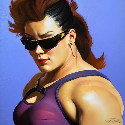 Prompt: greg manchess portrait of thick muscular weightlifter zarya from overwatch with ponytail and short dark hair wearing dark sunglasses, medium shot, asymmetrical, profile picture, organic painting, sunny day, matte painting, bold shapes, hard edges, street art, trending on artstation, by huang guangjian and gil elvgren and sachin teng