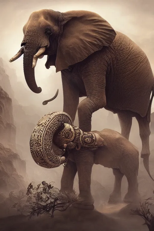 Prompt: ancient psychic tandem war elephant, concept art, by ernst haeckel, artgerm, greg rutkowski, h. r. giger and zdislaw beksinski, octane render, trending on artstation