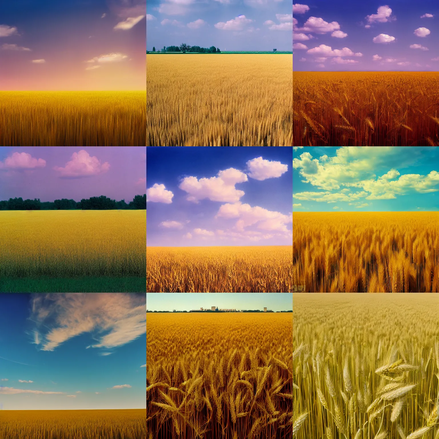Prompt: field of golden wheat, partly cloudy skies, pastel colors, pyongyang, in the style of wes anderson, 4 k photograph, kodachrome