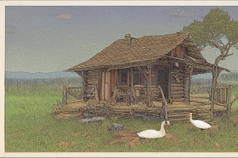 Prompt: country road cabin goose by moebius