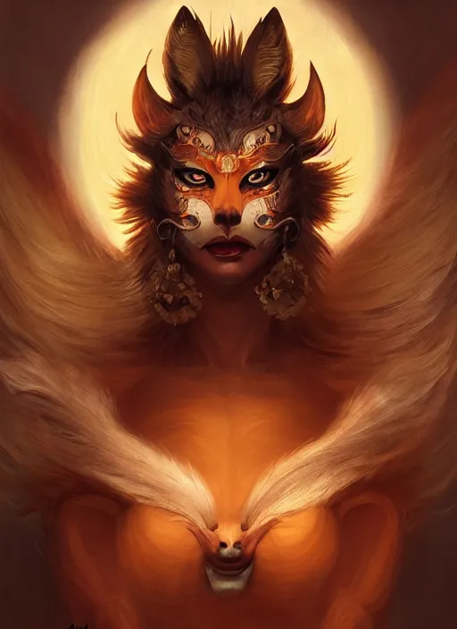 Image similar to a beautiful detailed oil on copper art illustration of a japanese namahage kitsune mask devil woman, centered, by charlie bowater, zeng fanzh, trending on artstation, dim dusk lighting, cinematic lighting, detailed lighting, volumetric lighting, realistic, f 8, 4 k hd wallpaper