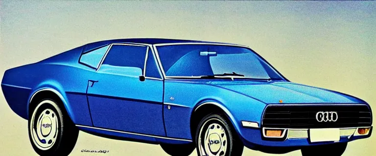 Image similar to denim blue audi camaro b 1 ( 1 9 6 7 ), 8 0 s retro poster, establishing shot