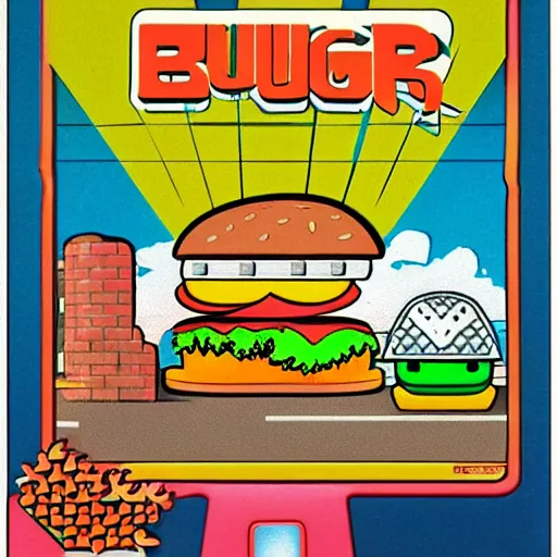 Prompt: video game box art of a commodore 6 4 game called burger dash.